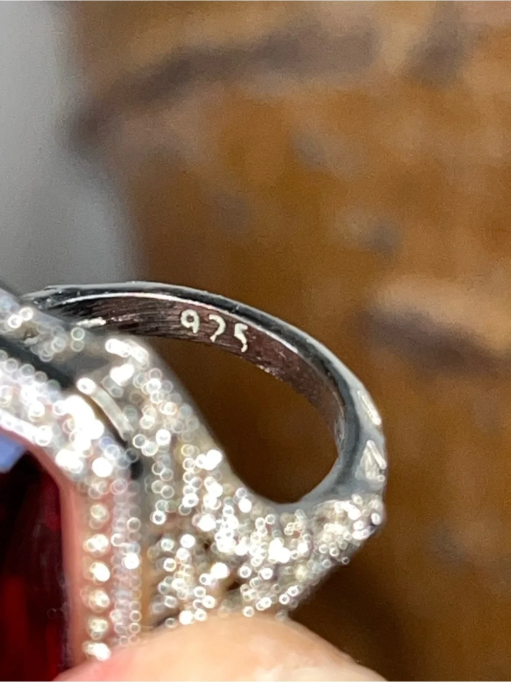925 Sterling Silver Ruby Red Emerald Cut Cocktail Ring CZ Halo Filigree Size 6